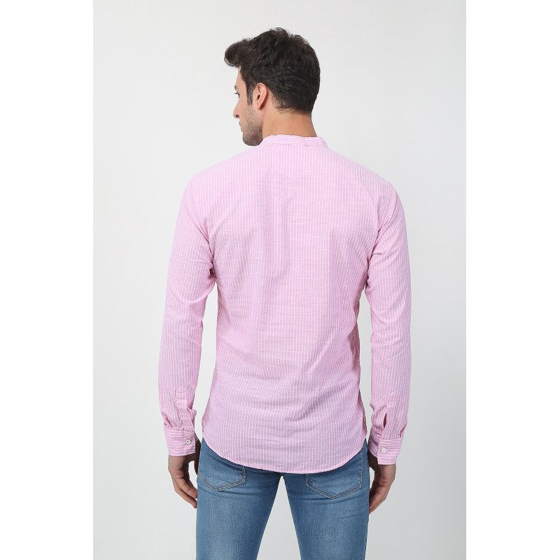 Erkek Hakim Yaka Uzun Kollu Yarım Patlı Keten Gömlek Pembe