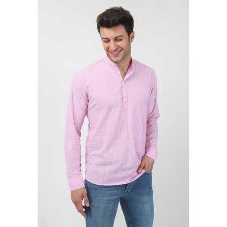 Erkek Hakim Yaka Uzun Kollu Yarım Patlı Keten Gömlek Pembe