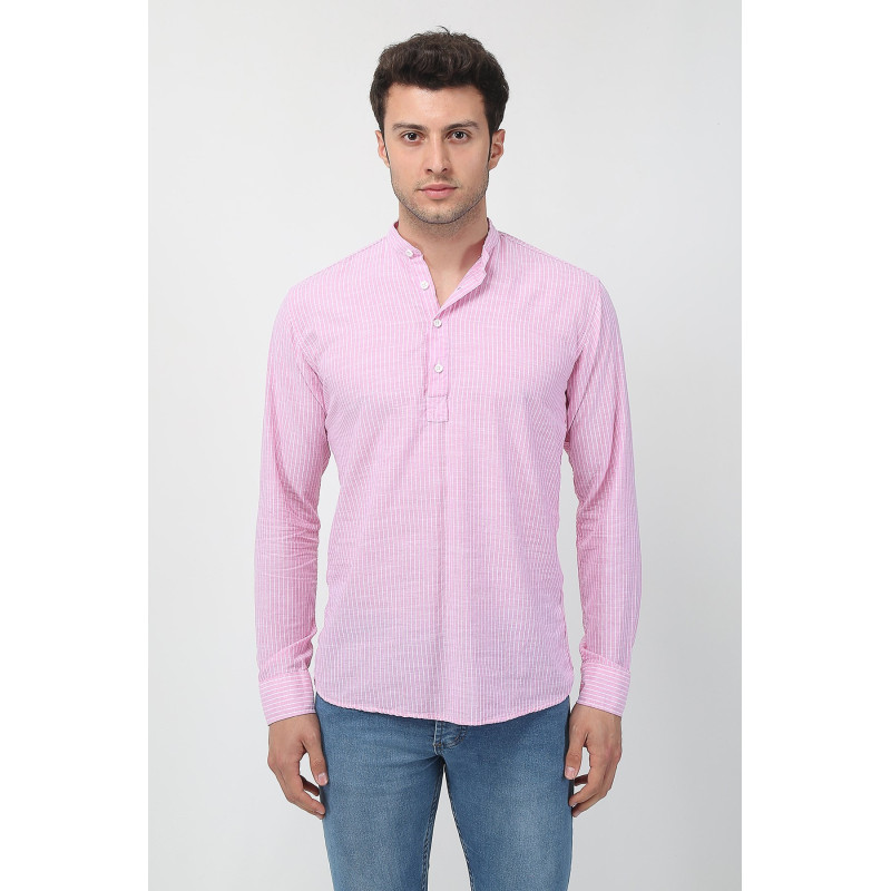 Erkek Hakim Yaka Uzun Kollu Yarım Patlı Keten Gömlek Pembe