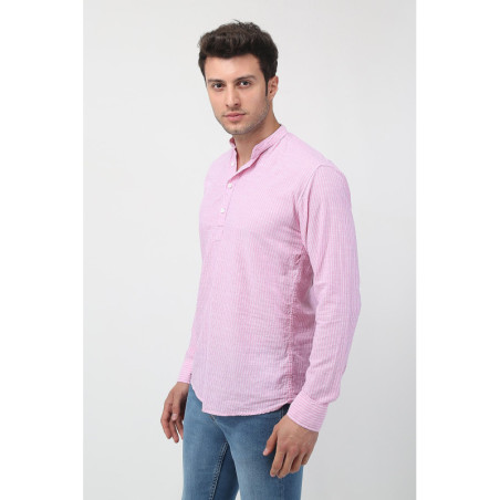 Erkek Hakim Yaka Uzun Kollu Yarım Patlı Keten Gömlek Pembe