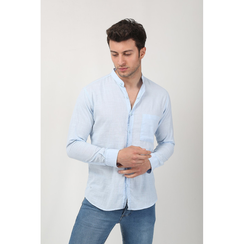 Erkek Hakim Yaka Uzun Kollu Keten Gömlek Buz Mavisi