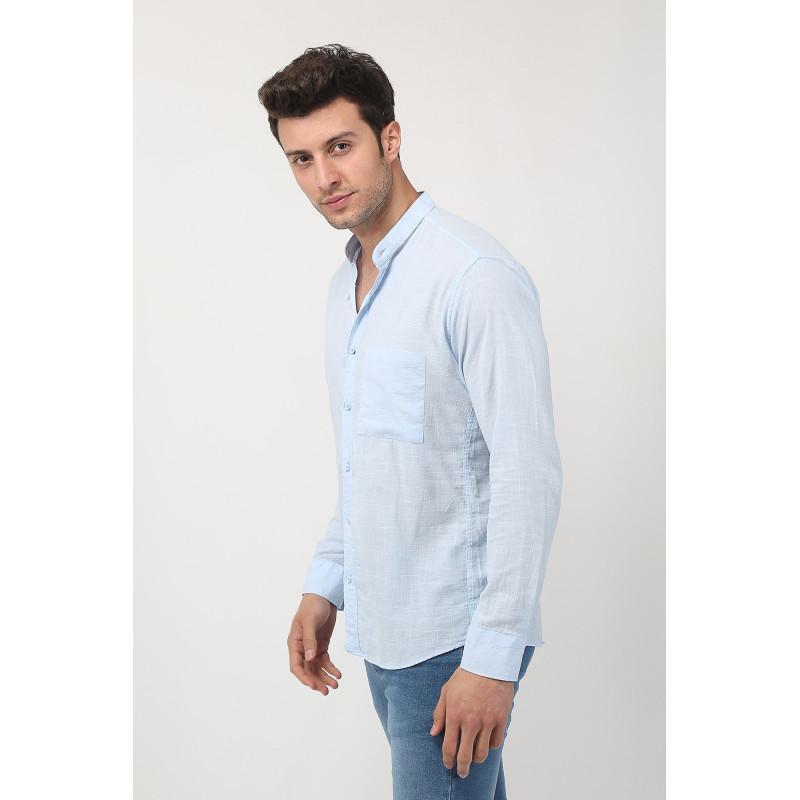 Erkek Hakim Yaka Uzun Kollu Keten Gömlek Buz Mavisi