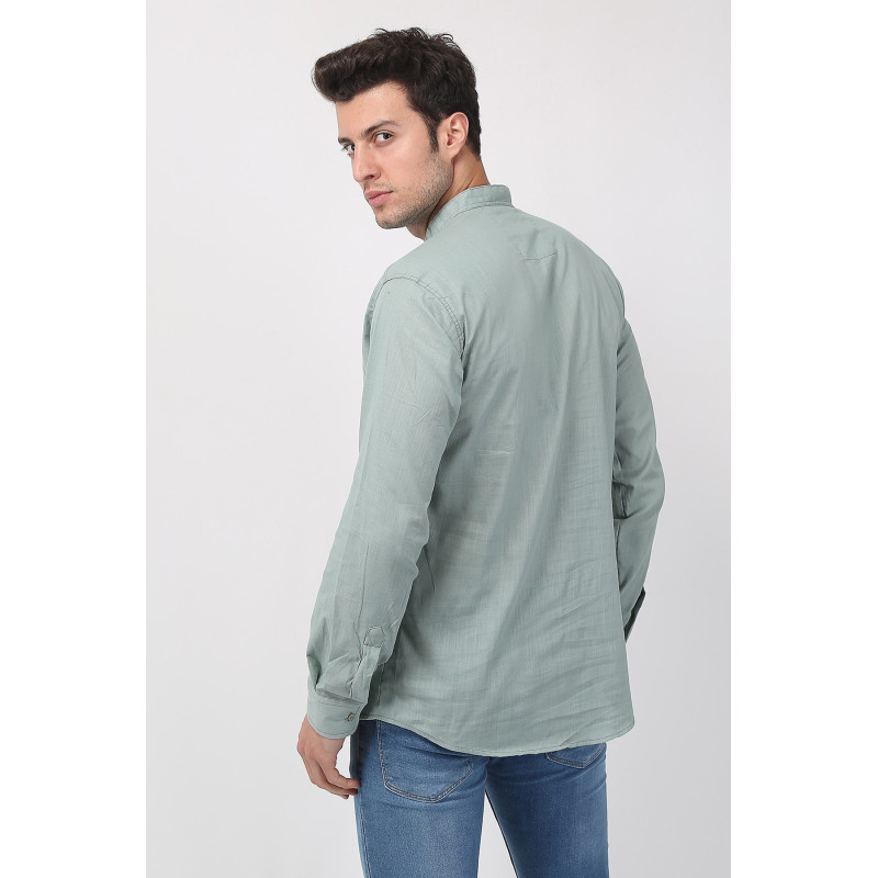 Erkek Hakim Yaka Uzun Kollu Keten Gömlek Nil Yeşili