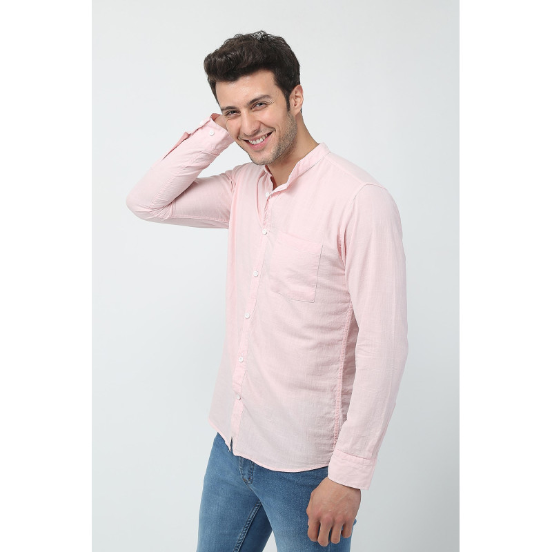 Erkek Hakim Yaka Uzun Kollu Keten Gömlek Pembe