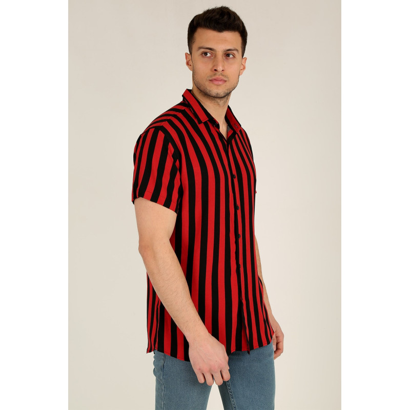 Erkek Regular Fit Apaş Yaka Kısa Kollu Çizgili Gömlek Kırmızı