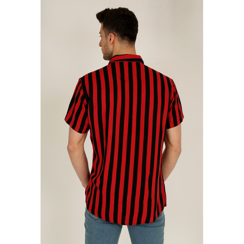 Erkek Regular Fit Apaş Yaka Kısa Kollu Çizgili Gömlek Kırmızı