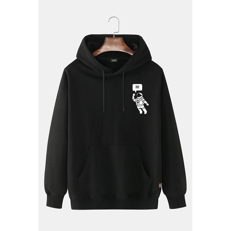 Unisex Siyah Kapüşonlu Hi Astronot Baskılı Slim Fit Kanguru
