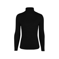 Siyah Kalın Çizgili Yarım Balıkçı Yaka Triko Kazak