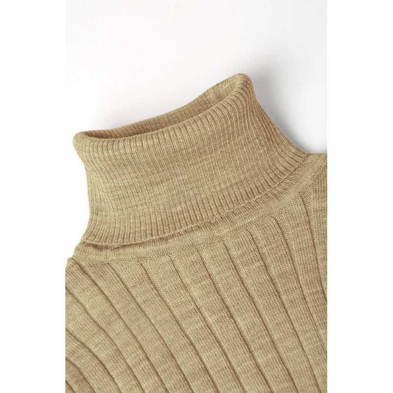 Erkek Taş Rengi Kalın Çizgili Tam Balıkçı Yaka Triko Kazak