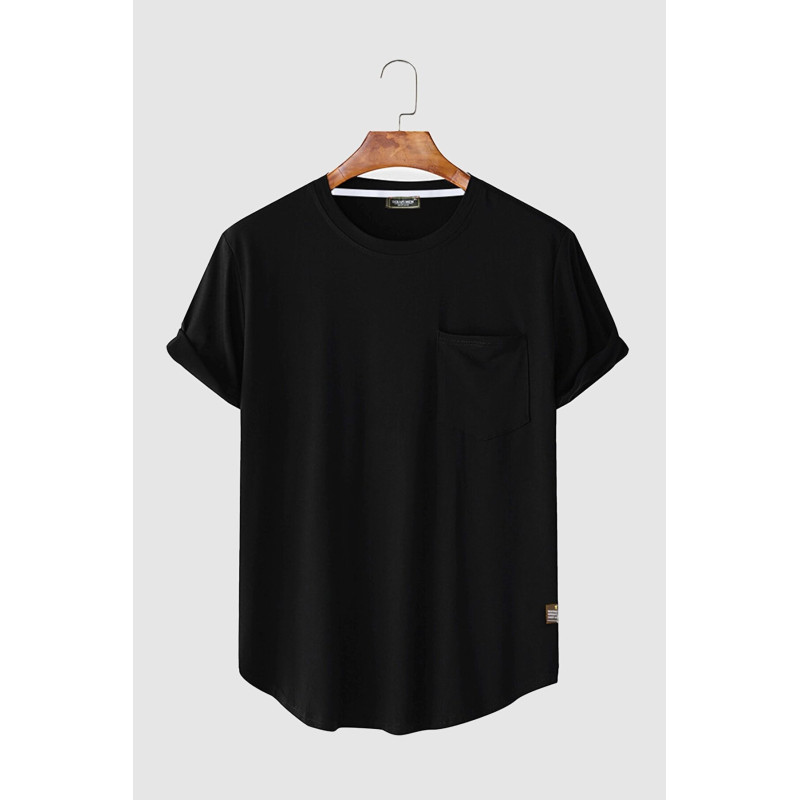 Erkek Yuvarlak Yaka Oval Kesim Cepli Basic T-shirt Siyah