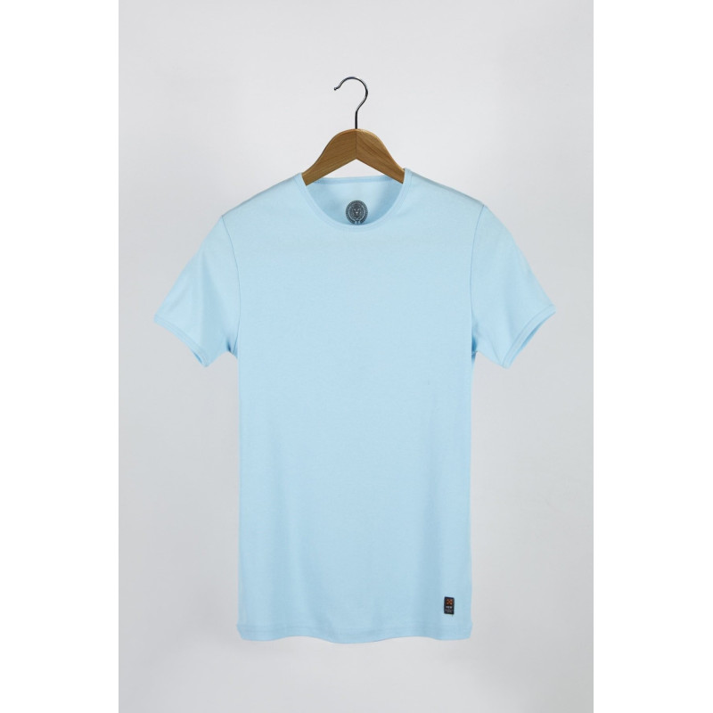 Erkek Mavi Bisiklet Yaka Slim Fit Basic T-shirt