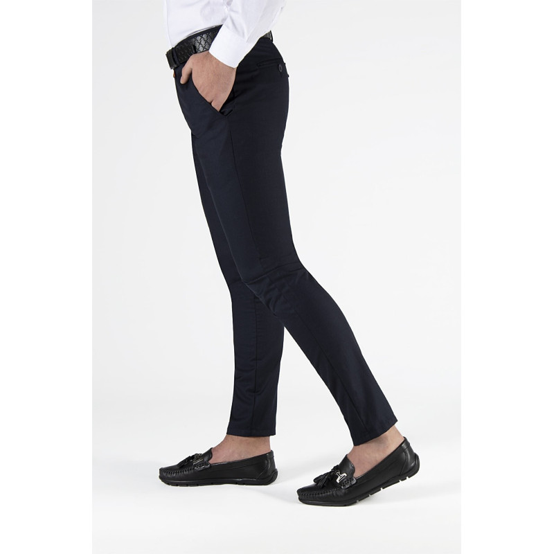 Erkek Lacivert Slim Fit Düz Model Keten Pantolon