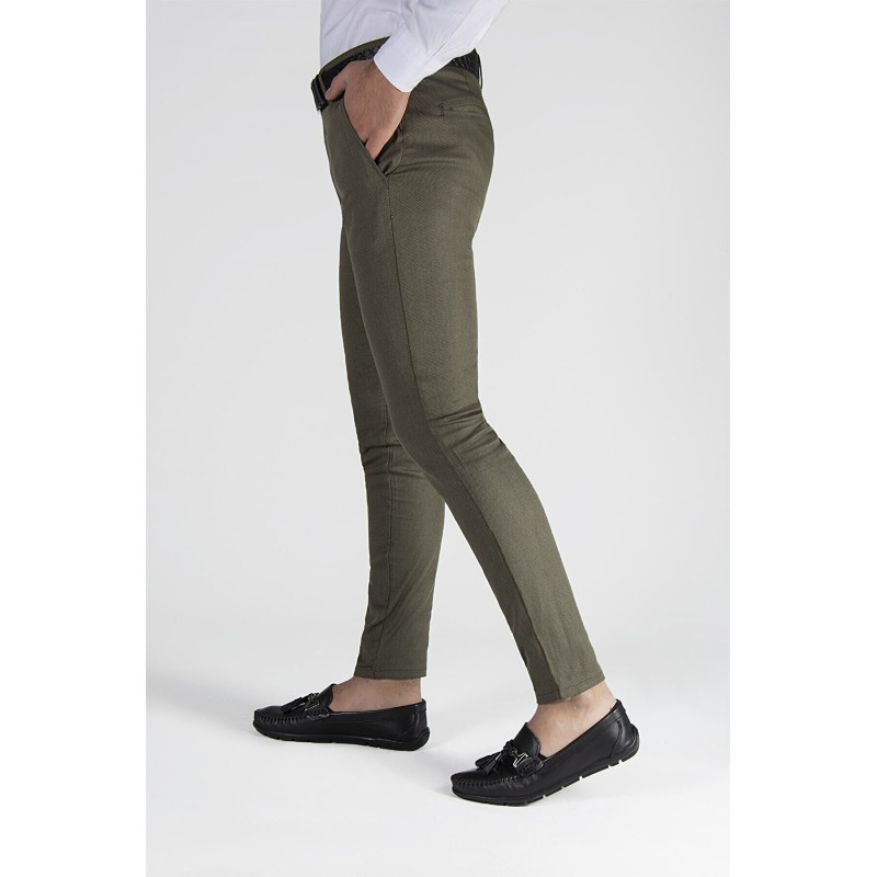 Erkek Slim Fit Petekli İtalyan Kesim Keten Pantolon Haki
