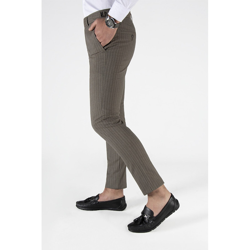 Erkek Slim Fit Dik Çizgili İtalyan Kesim Keten Pantolon