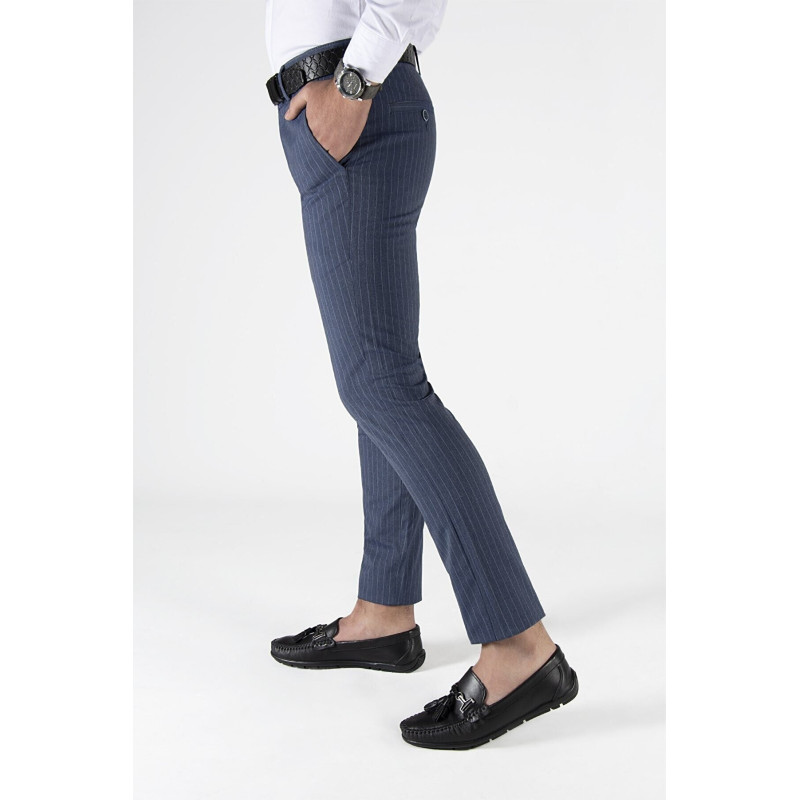 Erkek Slim Fit Dik Çizgili italyan Kesim Keten Pantolon Lacivert