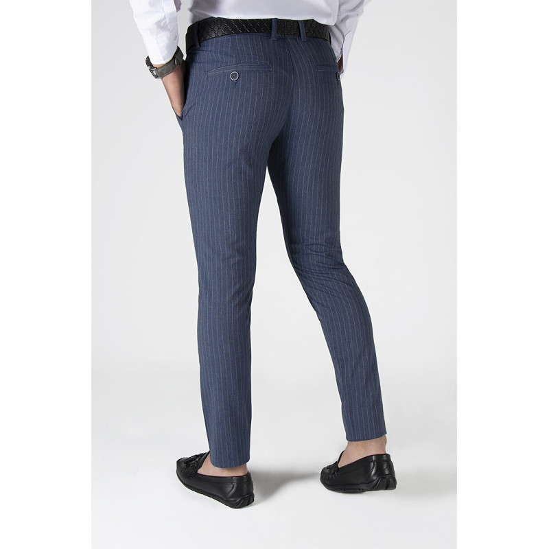 Erkek Slim Fit Dik Çizgili italyan Kesim Keten Pantolon Lacivert