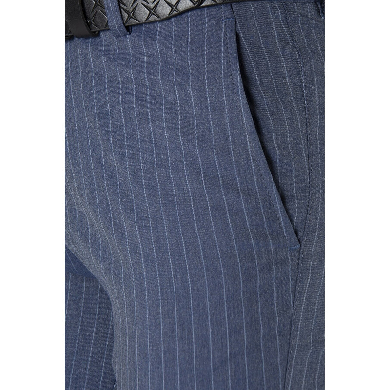 Erkek Slim Fit Dik Çizgili italyan Kesim Keten Pantolon Lacivert