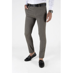 Erkek Slim Fit Dik Çizgili İtalyan Kesim Keten Pantolon Kahve