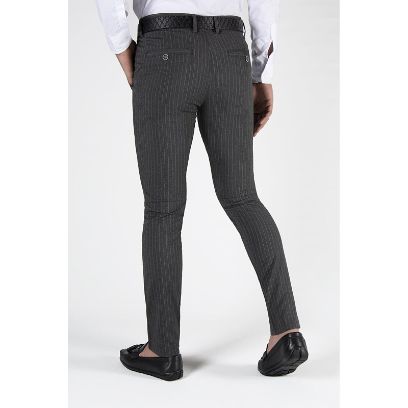 Erkek Slim Fit Dik Çizgili İtalyan Kesim Keten Pantolon Antrasit