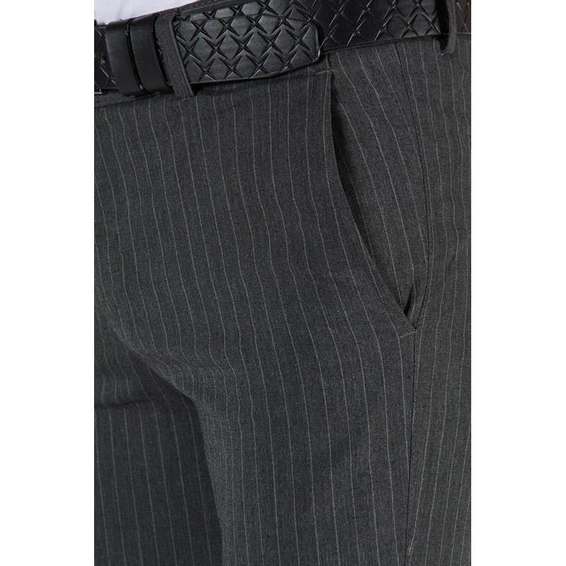 Erkek Slim Fit Dik Çizgili İtalyan Kesim Keten Pantolon Antrasit