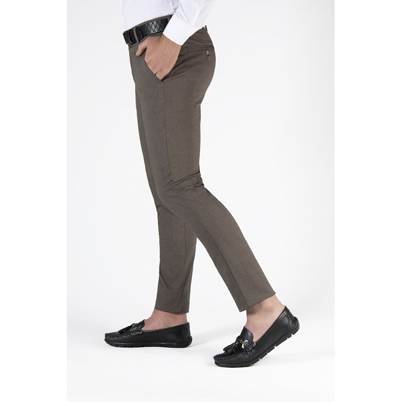Erkek Slim Fit Armürlü İtalyan Kesim Keten Pantolon Koyu