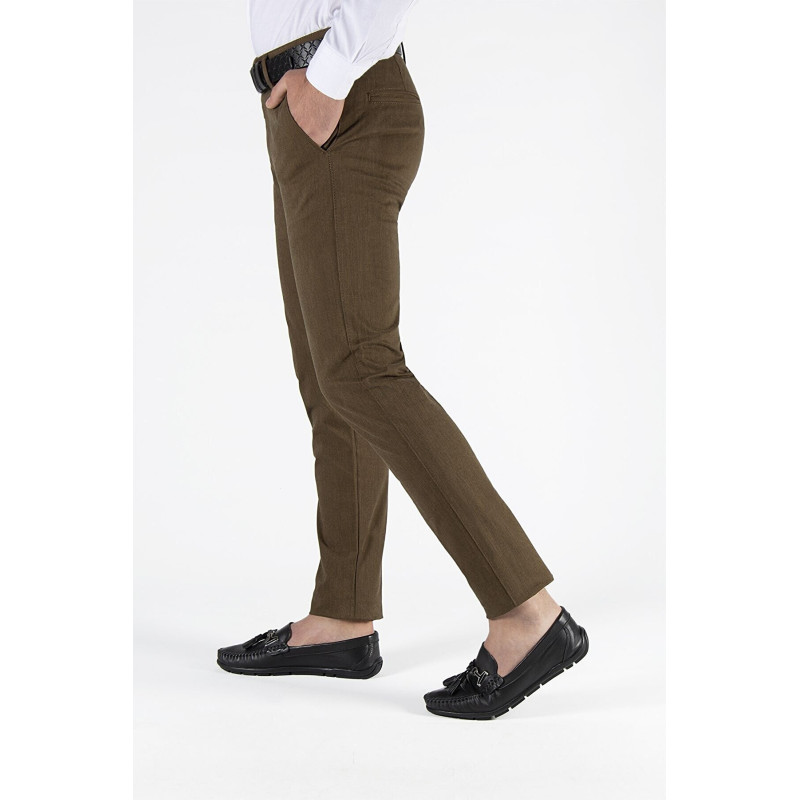 Erkek Slim Fit Düz Model İtalyan Kesim Keten Pantolon Kahve