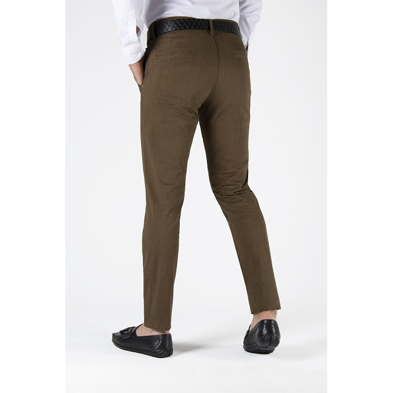 Erkek Slim Fit Düz Model İtalyan Kesim Keten Pantolon Kahve