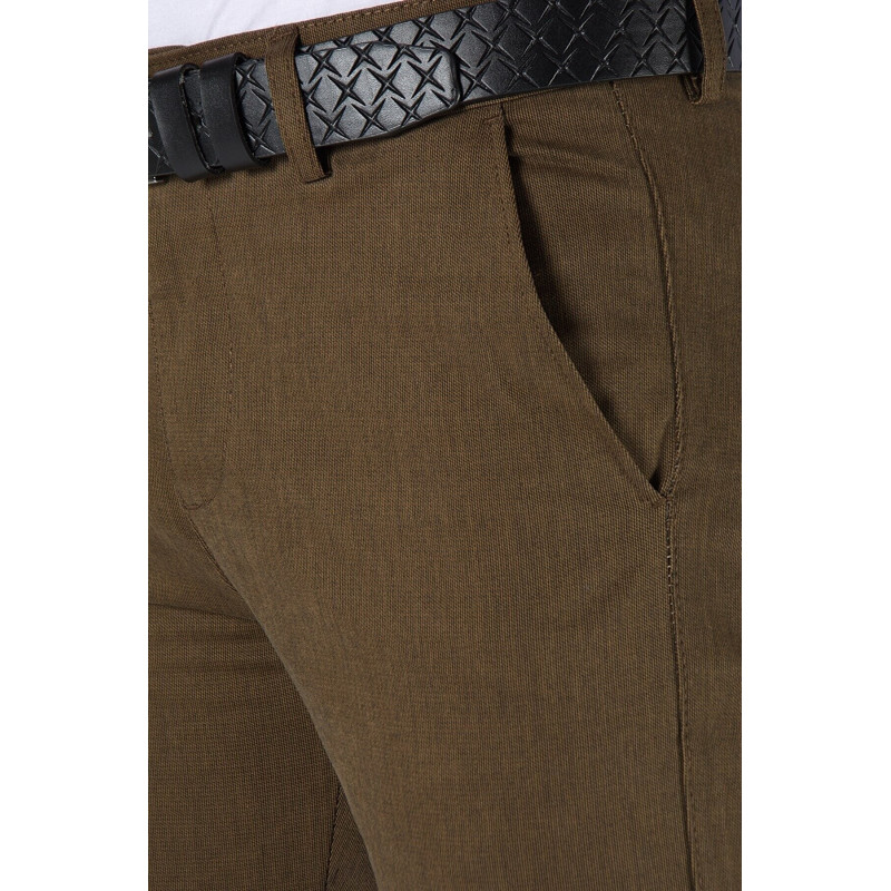 Erkek Slim Fit Düz Model İtalyan Kesim Keten Pantolon Kahve