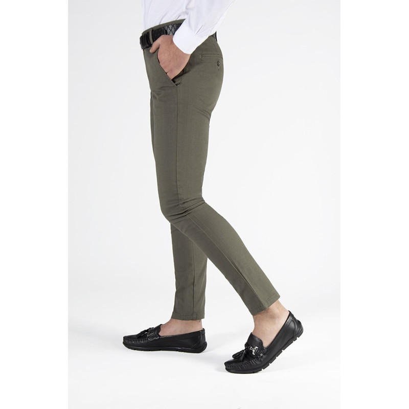 Erkek Slim Fit Düz Model Italyan Kesim Keten Pantolon Haki