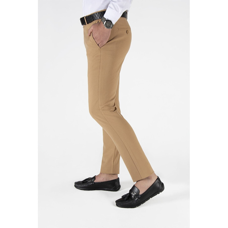 Erkek Slim Fit Düz Model Italyan Kesim Keten Pantolon Bal Rengi