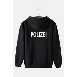 Unisex Siyah Kapüşonlu Arkası Polizei Baskılı Slim Fit Kanguru