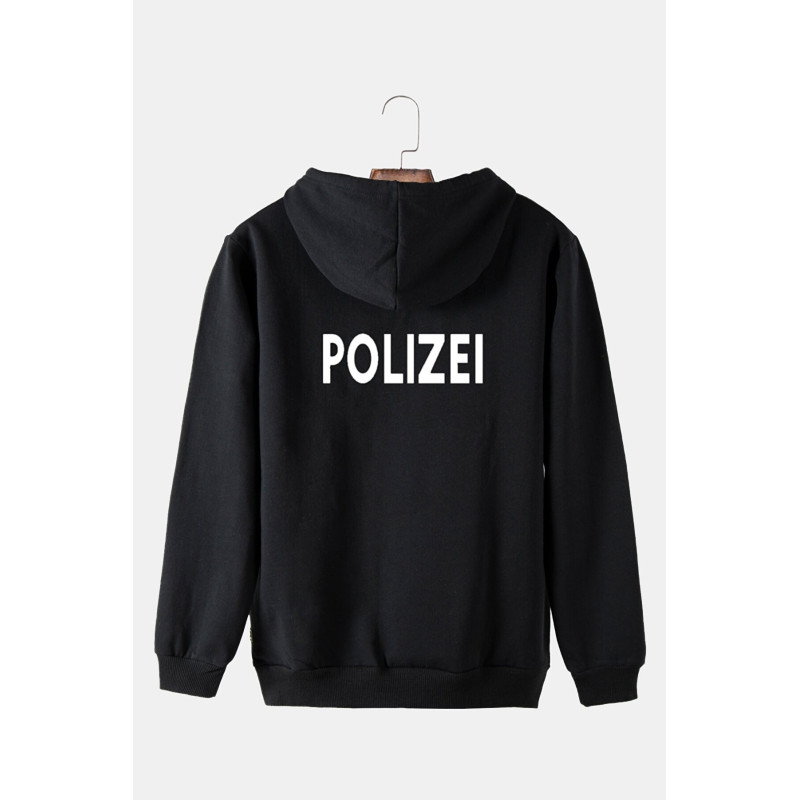 Unisex Siyah Kapüşonlu Arkası Polizei Baskılı Slim Fit Kanguru