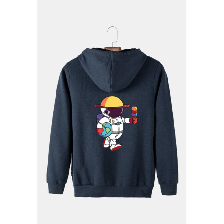 Unisex Indigo Kapüşonlu Arkası Astronot Baskılı Slim Fit