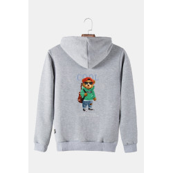 Unisex Gri Kapüşonlu Arkası Cool Ayıcık Baskılı Slim Fit