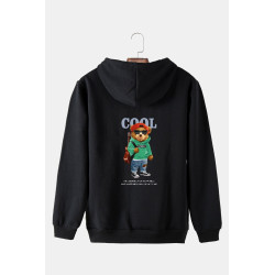 Unisex Siyah Kapüşonlu Arkası Cool Ayıcık Baskılı Slim Fit