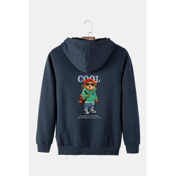 Unisex Indigo Kapüşonlu Arkası Cool Ayıcık Baskılı Slim Fit