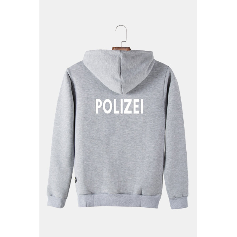 Unisex Gri Kapüşonlu Arkası Polizei Baskılı Slim Fit Kanguru