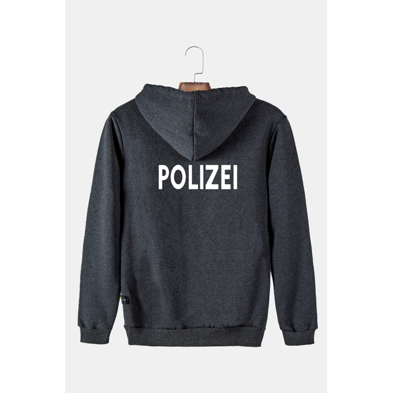 Unisex Füme Kapüşonlu Arkası Polizei Baskılı Slim Fit Kanguru