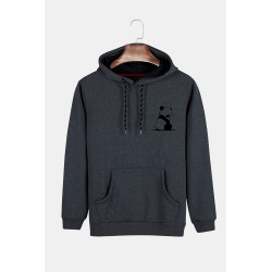 Unisex Füme Kapüşonlu Panda Baskılı Slim Fit Kanguru Cepli