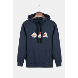 Unisex Indigo Kapüşonlu Cadılar Bayramı Boo Baskılı Slim Fit