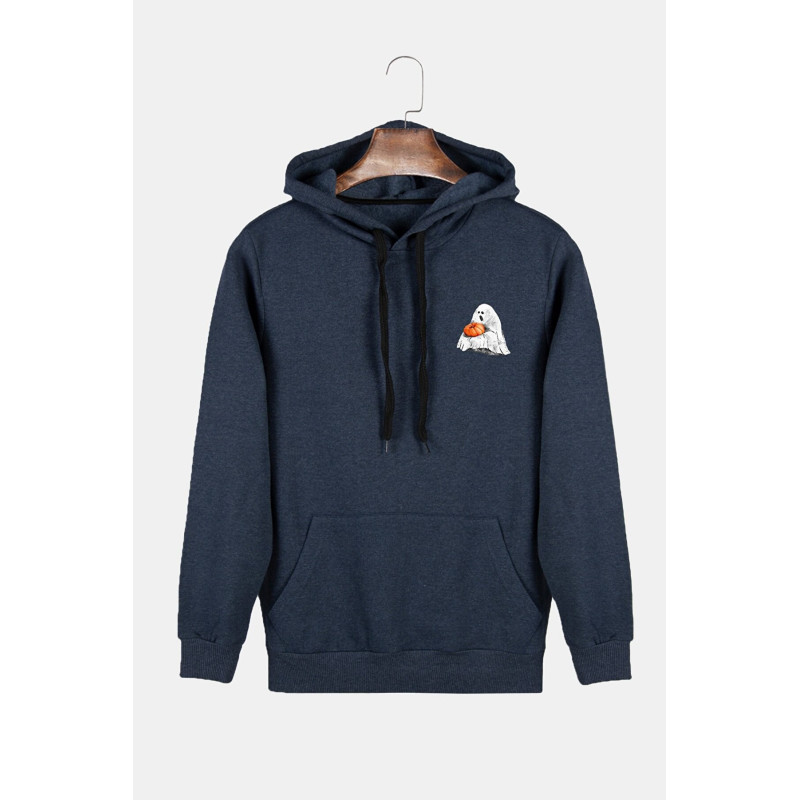 Unisex Indigo Kapüşonlu Cadılar Bayramı Minimal Baskılı Slim