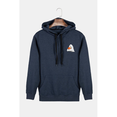 Unisex Indigo Kapüşonlu Cadılar Bayramı Minimal Baskılı Slim