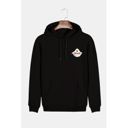 Unisex Siyah Kapüşonlu Cadılar Bayramı Minimal Baskılı Slim Fit