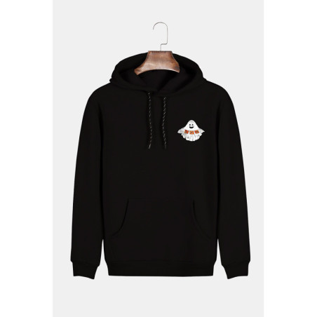 Unisex Siyah Kapüşonlu Cadılar Bayramı Minimal Baskılı Slim Fit