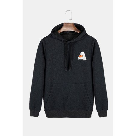 Unisex Antrasit Kapüşonlu Cadılar Bayramı Minimal Baskılı Slim