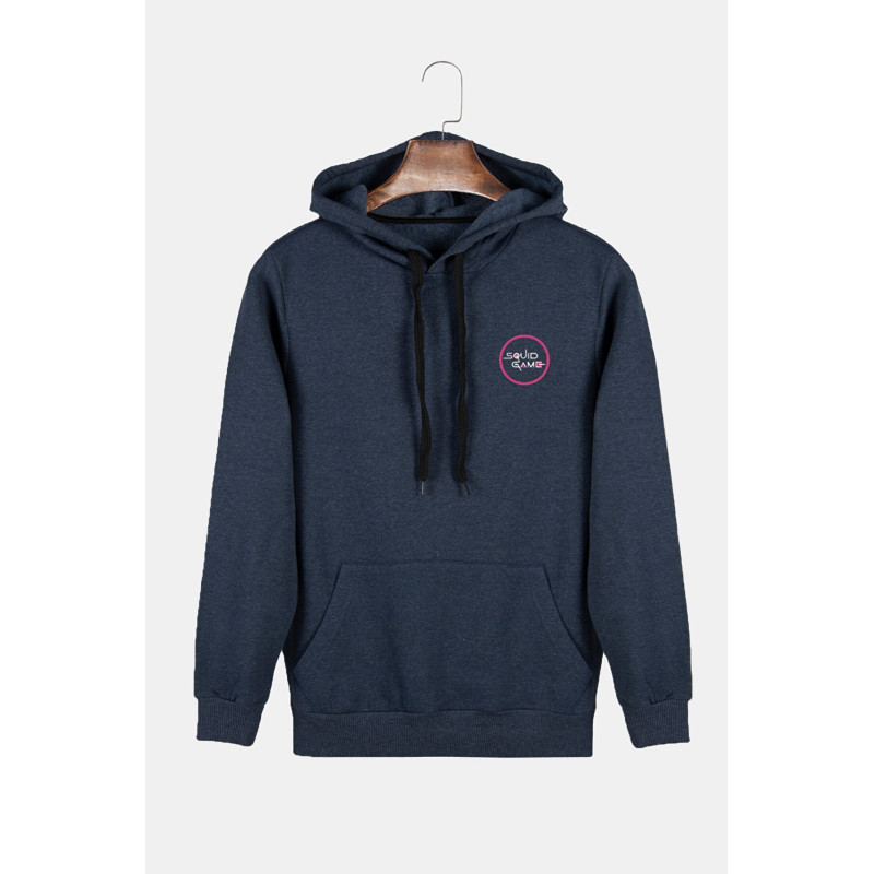Unisex Indigo Kapüşonlu Squid Game Baskılı Slim Fit Kanguru