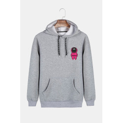 Unisex Gri Kapüşonlu Squid Game Baskılı Slim Fit Kanguru Cepli