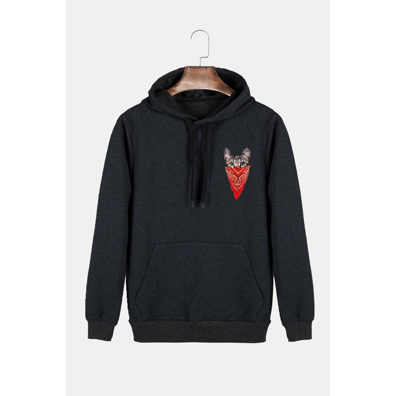 Unisex Antrasit Kapüşonlu Maskeli Kedi Baskılı Slim Fit Kanguru