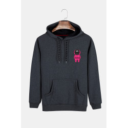 Unisex Füme Kapüşonlu Squid Game Baskılı Slim Fit Kanguru Cepli