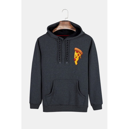 Unisex Füme Kapüşonlu Pizza Dilimi Baskılı Slim Fit Kanguru